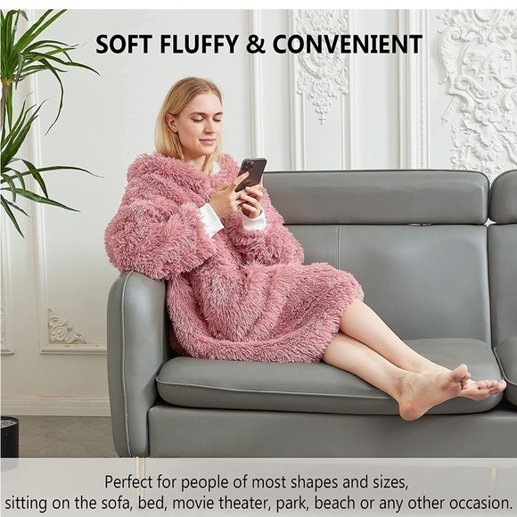 Fuzzy Fluffy Wearable Blanket Hoodie,Shaggy Faux Fur Hoodie Blanket swear - Picture 3 of 7